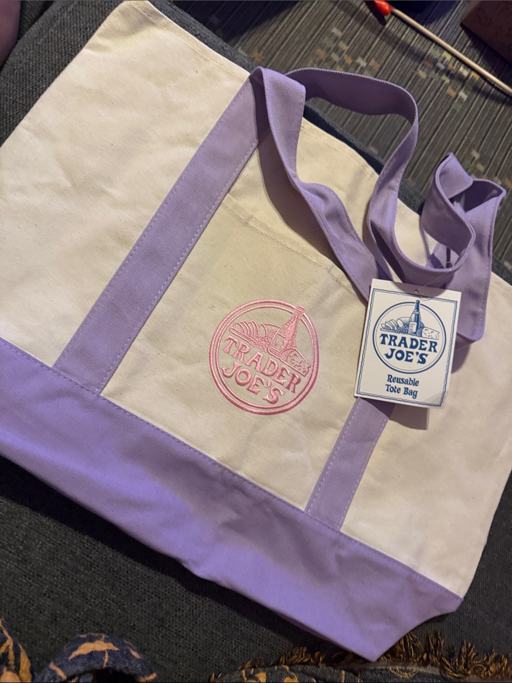 Trader Joe's Lavender & Cream Canvas Shoulder Tote